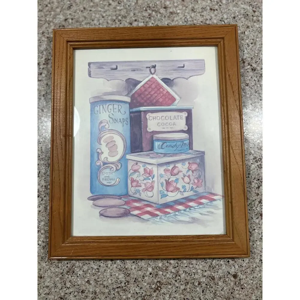 Framed art print,still life of kitchen canisters on a shelf